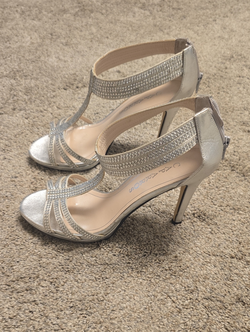 Caparros Silver Rhinestone T-Strap Stiletto Heels